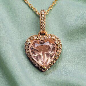 10K Rose Gold Morganite & Halo Diamond Necklace 18" Romantic Heart Necklace 1.8g
